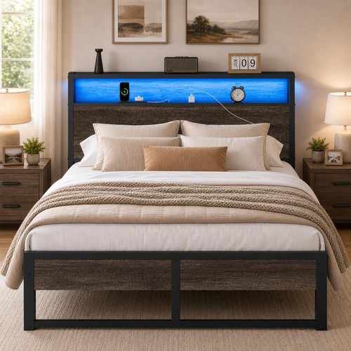 Queen bed frame with - frame, led